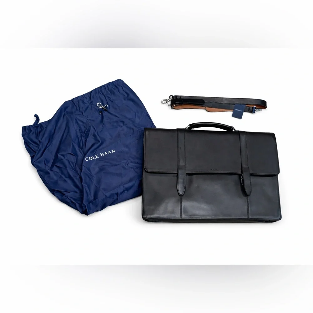 Cole Haan Black Leather Briefcase | Laptop Work Bag  & Dust Bag: NEW WITH TAGS